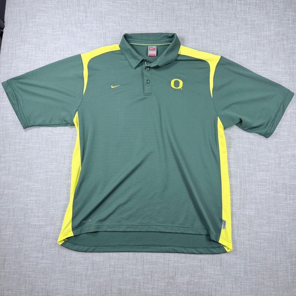 Nike Team Oregon Ducks Polo Shirt Mens XL Green Yellow Nike FIT DRY Short Sleeve
